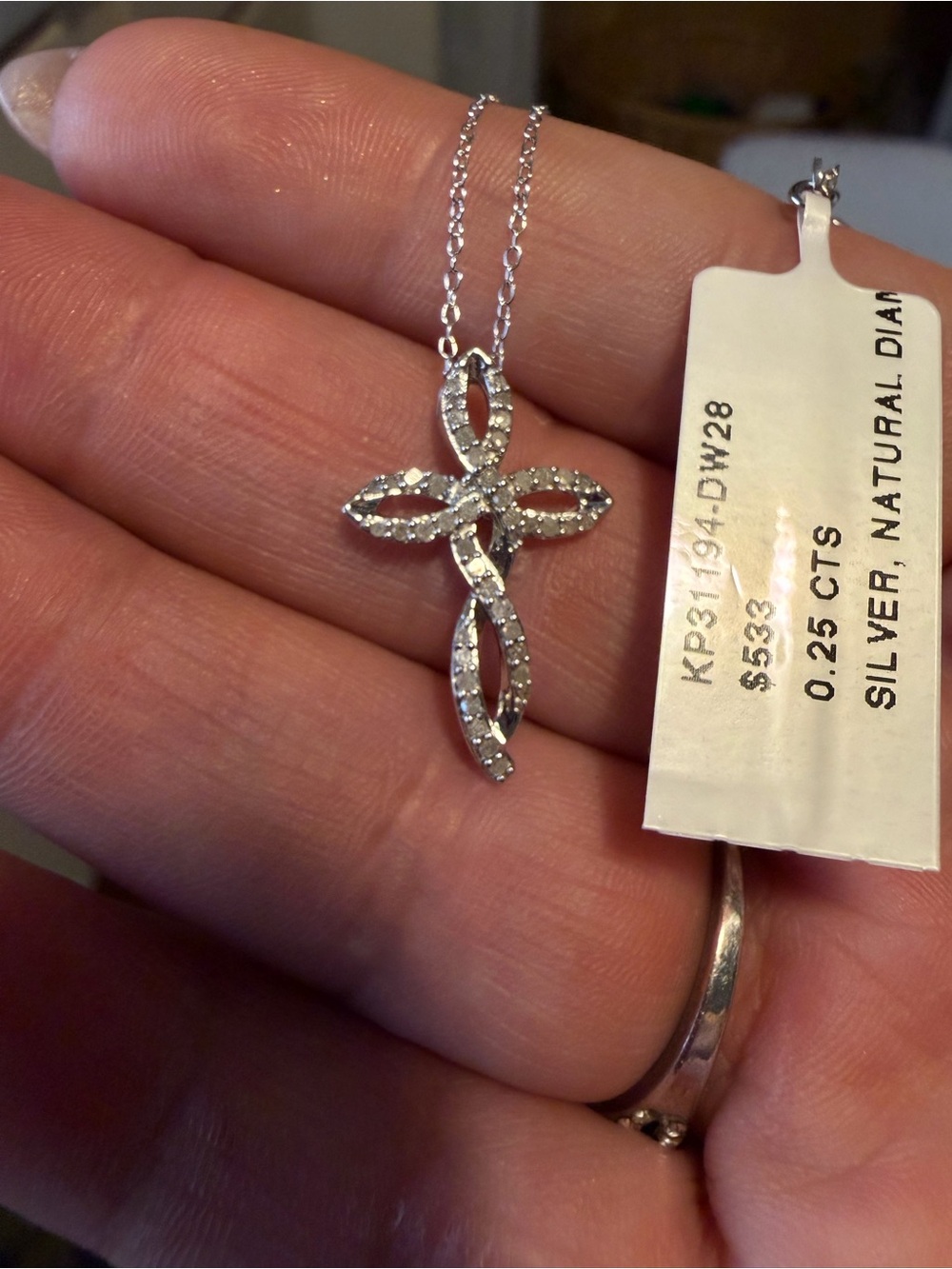 Natural Diamond sterling Silver Cross Necklace